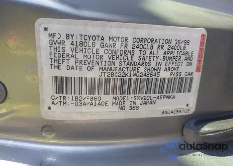 1998 Toyota Camry Le z USA, uszkodzony, nr VIN JT2BG22K1W0248645